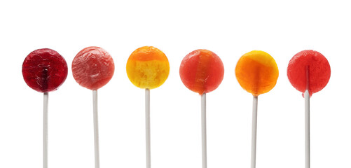 Assorted colors lollipops isolated on white background, close-up. This image is isolated with light...