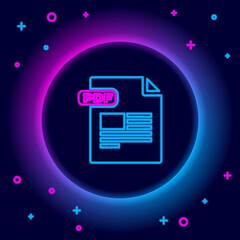 Glowing neon line PDF file document. Download pdf button icon isolated on black background. PDF file symbol. Colorful outline concept. Vector