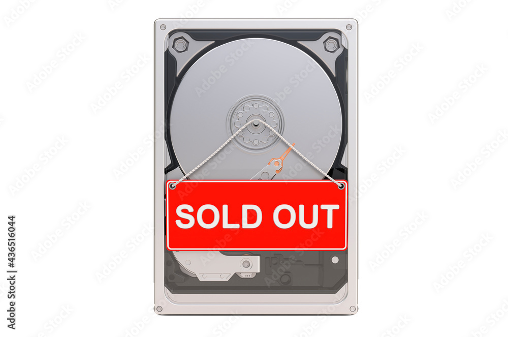Poster hard disk drive hdd with sold out sign. shortages of hdd concept, 3d rendering