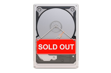 Hard Disk Drive HDD with Sold Out sign. Shortages of HDD concept, 3D rendering