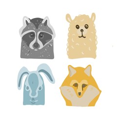 Animals cute pictures cartoon stylized vector illustration hand drawn textile print. sketch doodle forest hare fox raccoon llama