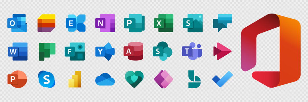 Microsoft Office 365: Outlook, Yammer, Exchange, OneNote, Publisher, Excel, Sway, Planner, Forms, Access, SharePoint, Teams, Family Safety, Power Apps, To Do, Stream. Kyiv, Ukraine - May 30, 2021
