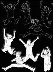 eight jumping people silhouettes isolated on black