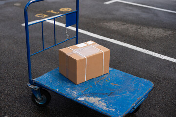 Brown cardboard moving box in the cart