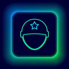 Glowing neon line Military helmet icon isolated on black background. Army hat symbol of defense and protect. Protective hat. Colorful outline concept. Vector