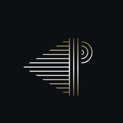 Letter P logo.Typographic icon.Uppercase lettering sign isolated on dark background.Decorative lines alphabet initial.Elegant, feminine, beauty, fashion, luxury style.Gold color.