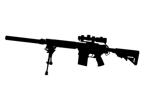 Vector image silhouette of modern military sniper rifle symbol illustration isolated on white background. Army and police weapons.