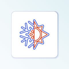 Line Hot and cold symbol. Sun and snowflake icon isolated on white background. Winter and summer symbol. Colorful outline concept. Vector