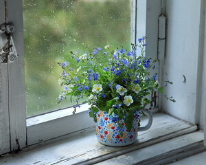 A bouquet of wildflowers in a mug on a white wooden window.