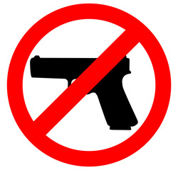 No gun sign, prohibition warning sign, ban. Restricted area, pistol not allowed. Vector image silhouette, illustration isolated on white background.