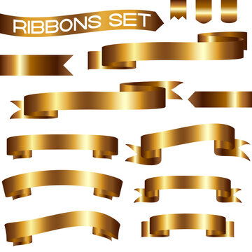 Realistic golden vector set of ribbons in different shapes