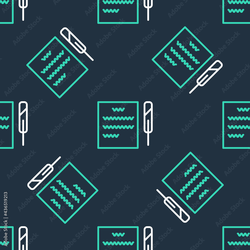 Aufkleber line feather pen and paper scroll icon isolated seamless pattern on black background. vector