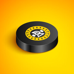 Isometric line Pirate coin icon isolated on yellow background. Black circle button. Vector