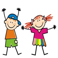Two happy children, little girl and boy, funny vector illustration