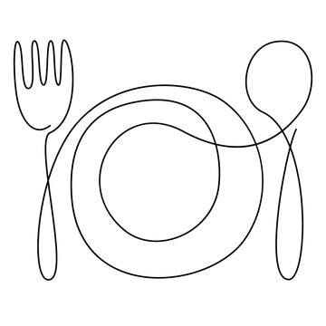 Continuous line art, doodle. Contour Cutlery Background. Kitchen utensils, tableware. One Line Drawing. Plate, fork, spoon