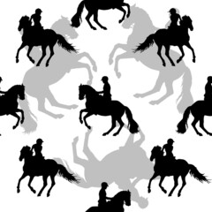 seamless sports background, equestrian sports, silhouettes of riders on white background