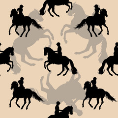 seamless sports background, equestrian sports, silhouettes of riders on colored background