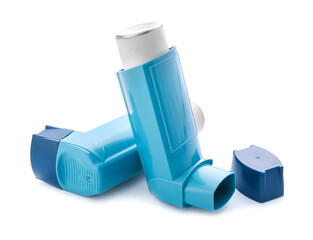 Modern inhalers on white background