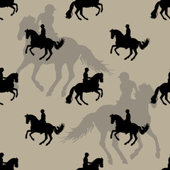 seamless sports background, equestrian sports, silhouettes of riders on colored background
