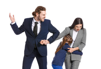 Little girl and her quarreling parents on white background