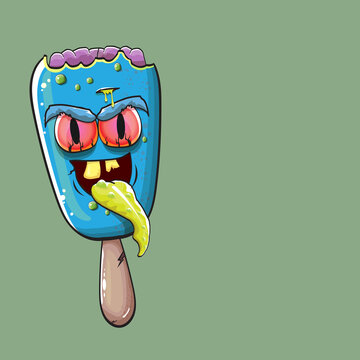 Vector Zombie ice cream with brain and red eyes isolated on green background. Halloween blue monster ice cream zombie character.