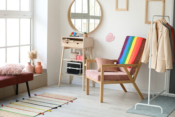 Armchair with flag of LGBT in interior of dressing room