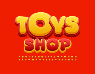 Vector playful logo Toys Shop. Red and Yellow modern Font. Bright Alphabet Letters and Numbers set