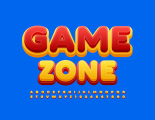 Vector cute emblem Game Zone with Bright Alphabet Letters and Numbers set. Font for Kids