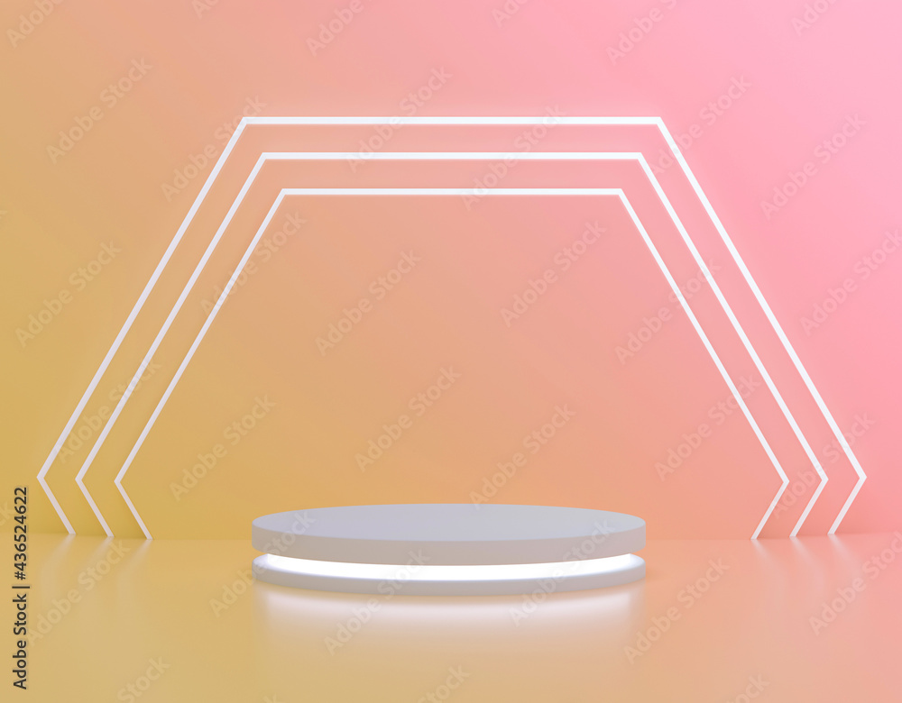 Poster cylinder podium with light for product display with hexagonal wall background for summer sunny. empt