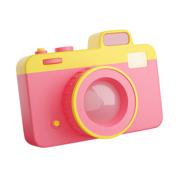 Photo camera 3d render illustration. Pink and yellow compact digital photocamera with lens and flash.
