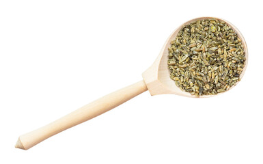 top view of freekeh wheat grains in wood spoon