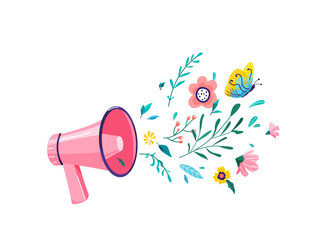 Pink megaphone with colorful spring flowers, leaves, plants isolated on white background. Creative fashion nature concept idea in minimal modern flat cartoon line style