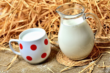 Obraz na płótnie Canvas Cow milk in a red mug and glass jug on vintage decorative background with dry straw and hay