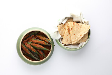 bhindi masala or bharwa bhindi with roti and chappati. North Indian food