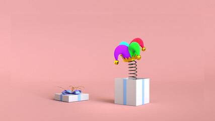 Gift box funny jester hat spring pastel mode for party celebrate theme with 3d rendering.