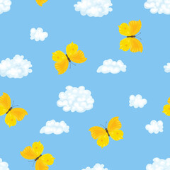 Fototapeta na wymiar Yellow butterflies, blue sky and clouds seamless pattern. Summer nature background. Vector illustration in cartoon flat style.