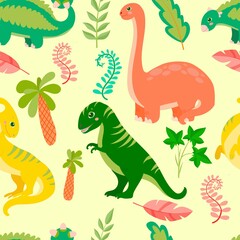 Pattern of Cute Dinosaurs. Little dinosaur's birthday. Bright children's print. Vector illustration with colored background
