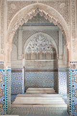 carved interiors of burial complex for dynasty of Saadian peaces of heritage remained in Marrakech