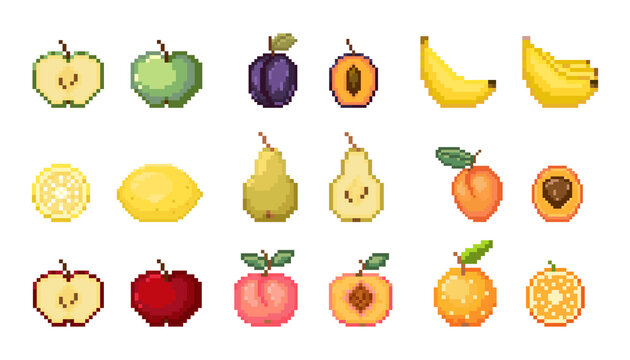 Pixel fruits vector icons set. Pixel art collection.