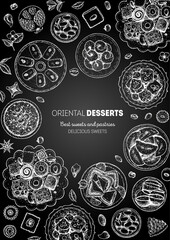 Oriental sweets vector illustration. Middle eastern food, hand drawn sketch. Linear graphic. Food menu background. Engraved style design template.