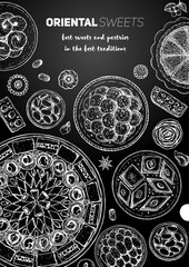 Oriental sweets vector illustration. Middle eastern food, hand drawn sketch. Linear graphic. Food menu background.