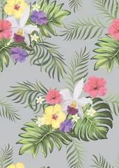 Keuken spatwand met foto Tropical vector summer pattern. Jungle print with hibiscus flowers and palm leaves. © Logunova  Elena