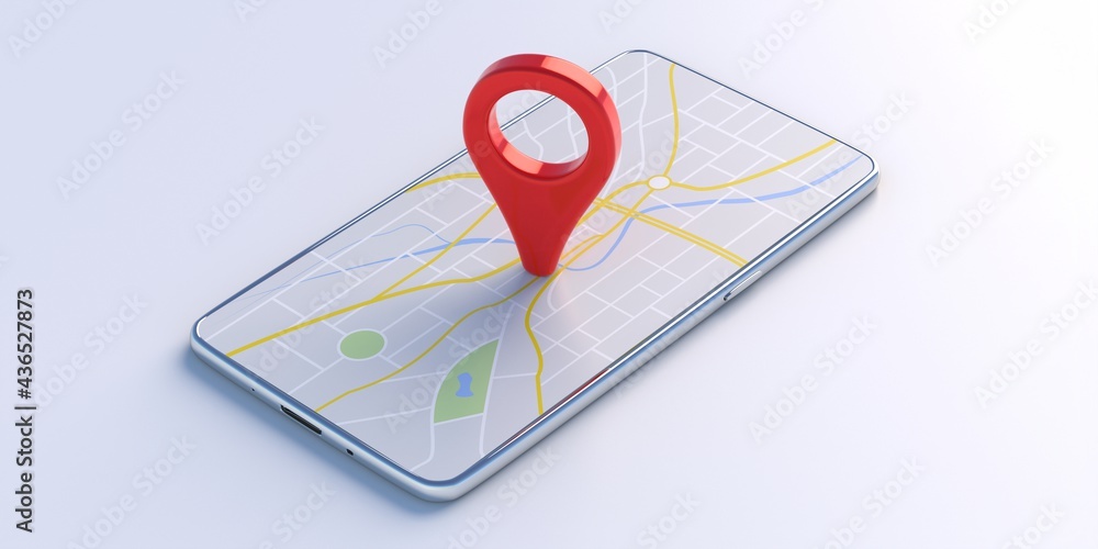 Aufkleber map pointer location red color pin on a smartphone isolated on white background. 3d illustration