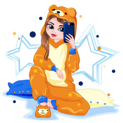 Cute teenage girl dressed as a teddy bear. Fashionable girl takes a selfie. A child in kigurumi pajamas sits on pillows. Cartoon illustration of a funny girl
