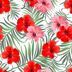 Fotobehang Tropical vector summer pattern. Jungle print with hibiscus flowers and palm leaves. © Logunova  Elena