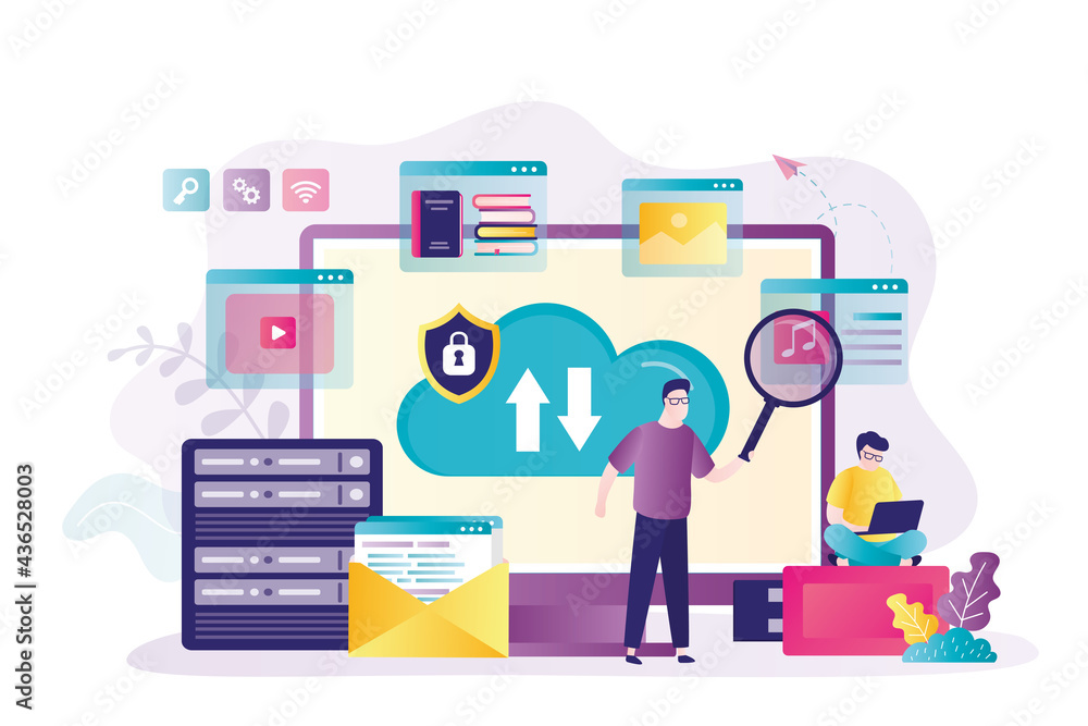 Poster user with magnifying glass searches for information in storage. people upload and download data from