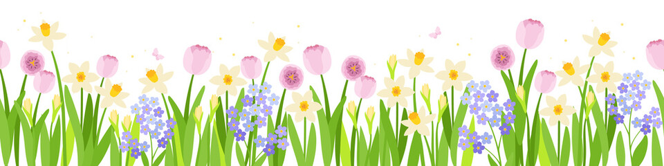 a seamless border of fragrant blossoming daffodils and buds, pink tulips, lilac forget-me-nots, with fluttering pink butterflies. vector illustration.