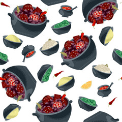Feijoada (stew of beans with beef and pork). National dish in Portugal, Brazil. Seamless background pattern.