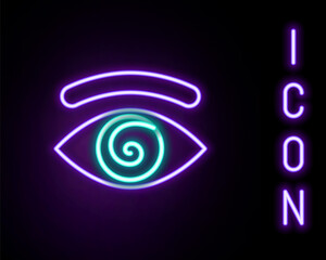 Glowing neon line Hypnosis icon isolated on black background. Human eye with spiral hypnotic iris. Colorful outline concept. Vector