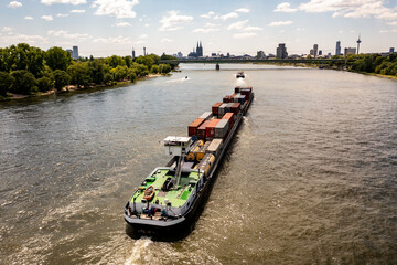 Aerial view from container boat on the Rhine river. Cologne, Germany